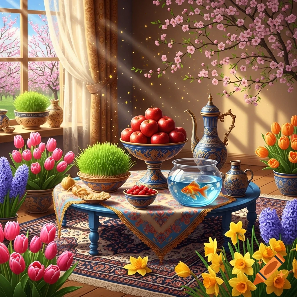 Vibrant Nowruz celebration scene with a table of sabzeh, apples, goldfish, and ornate pottery, surrounded by blooming spring flowers.