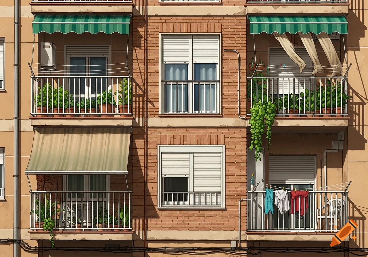 Close-up of a brick apartment building facade with balconies, potted plants, awnings, and drying laundry, in a stylized illustration.