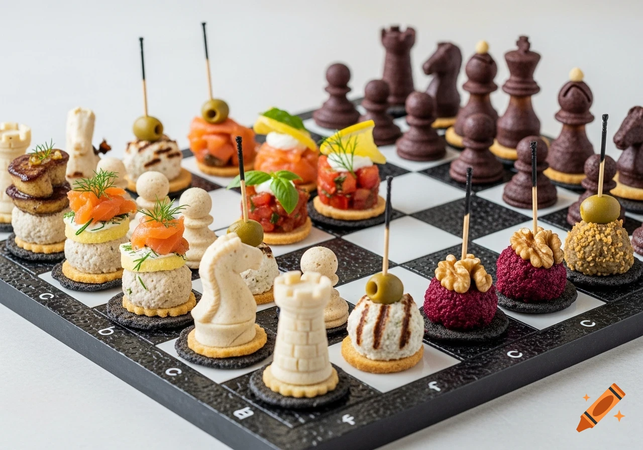 Photorealistic image of an edible chess set with various appetizers and canapés serving as chess pieces on a black and white board.