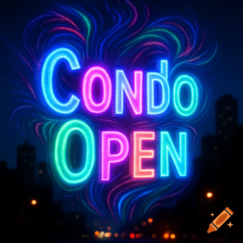 A colorful neon LED sign saying 'Condo Open' glowing vibrantly against a dark night sky above a blurred city skyline.