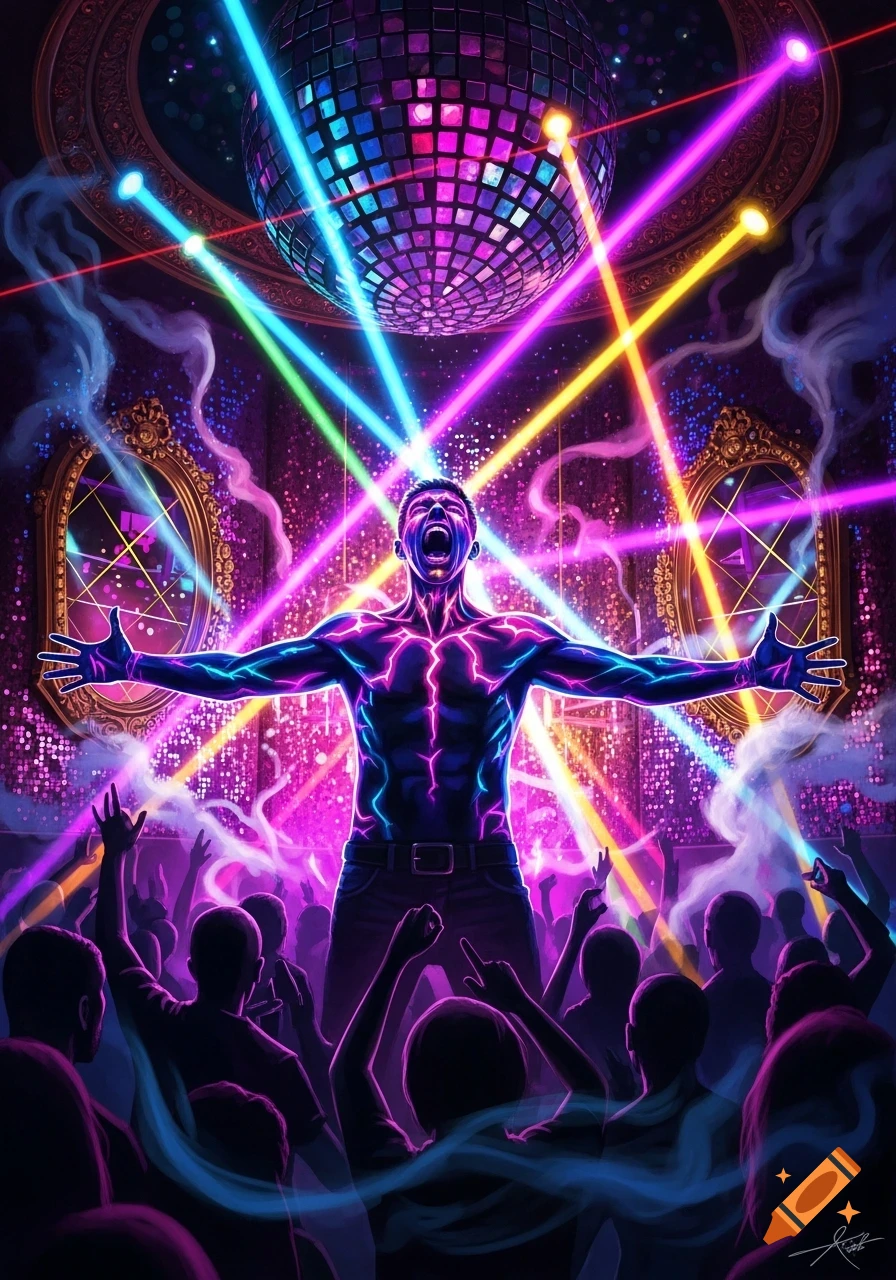 A man with glowing skin screams with arms outstretched in a vibrant, neon-lit disco, surrounded by a silhouetted crowd and laser beams.