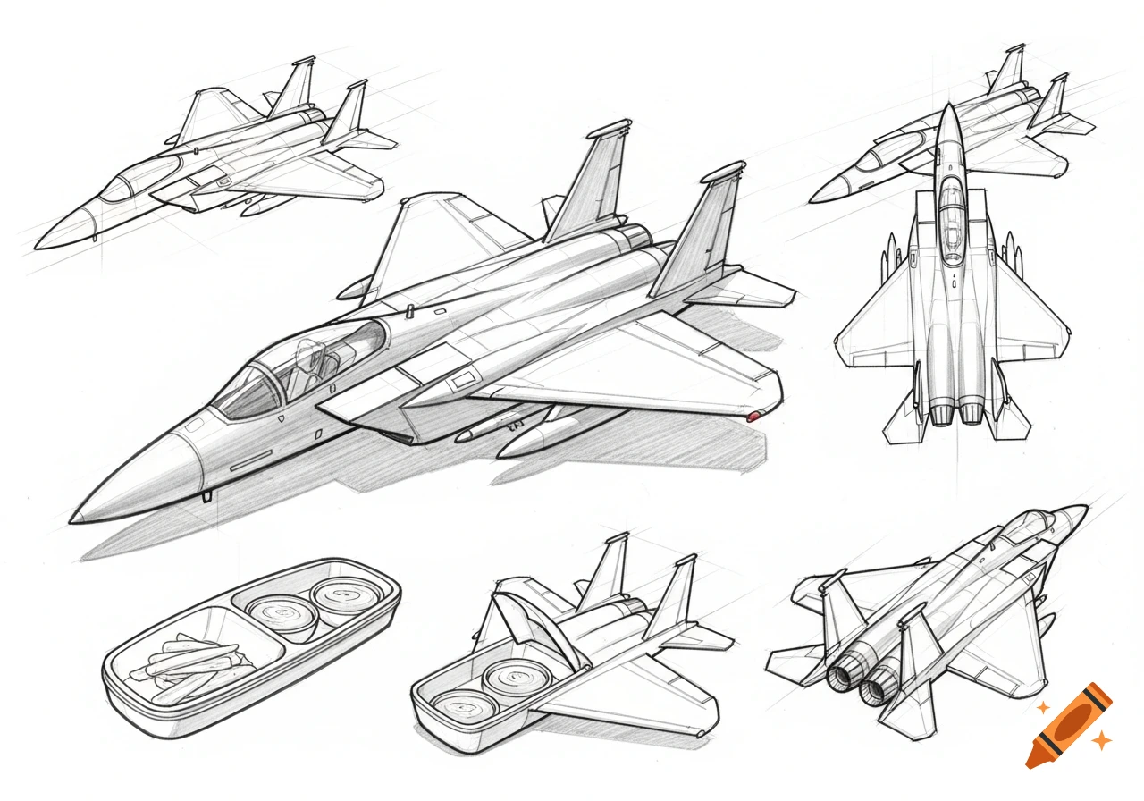 Pencil sketches of an F-15 jet-inspired snack container, shown closed and split open with food compartments.