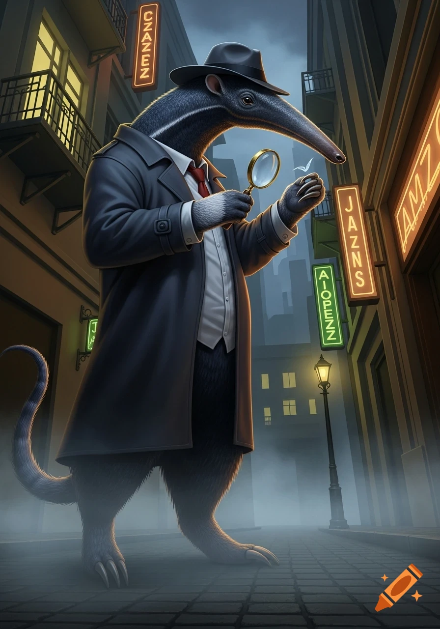 An anthropomorphic anteater detective in a trench coat and fedora inspects a small object with a magnifying glass on a foggy city street at night.