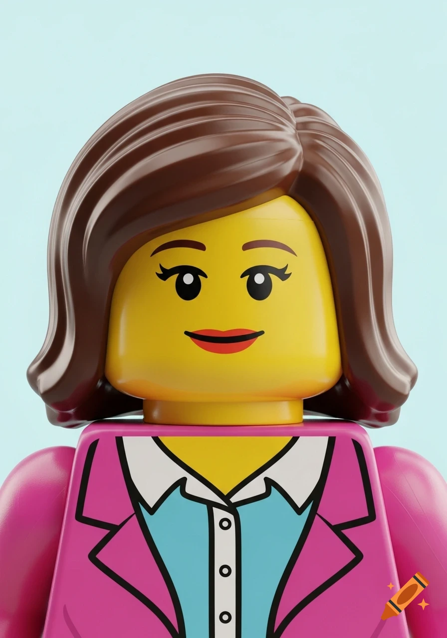 Close-up of a LEGO female minifigure with brown hair, yellow face, and a pink blazer over a light blue shirt, smiling against a light blue background.