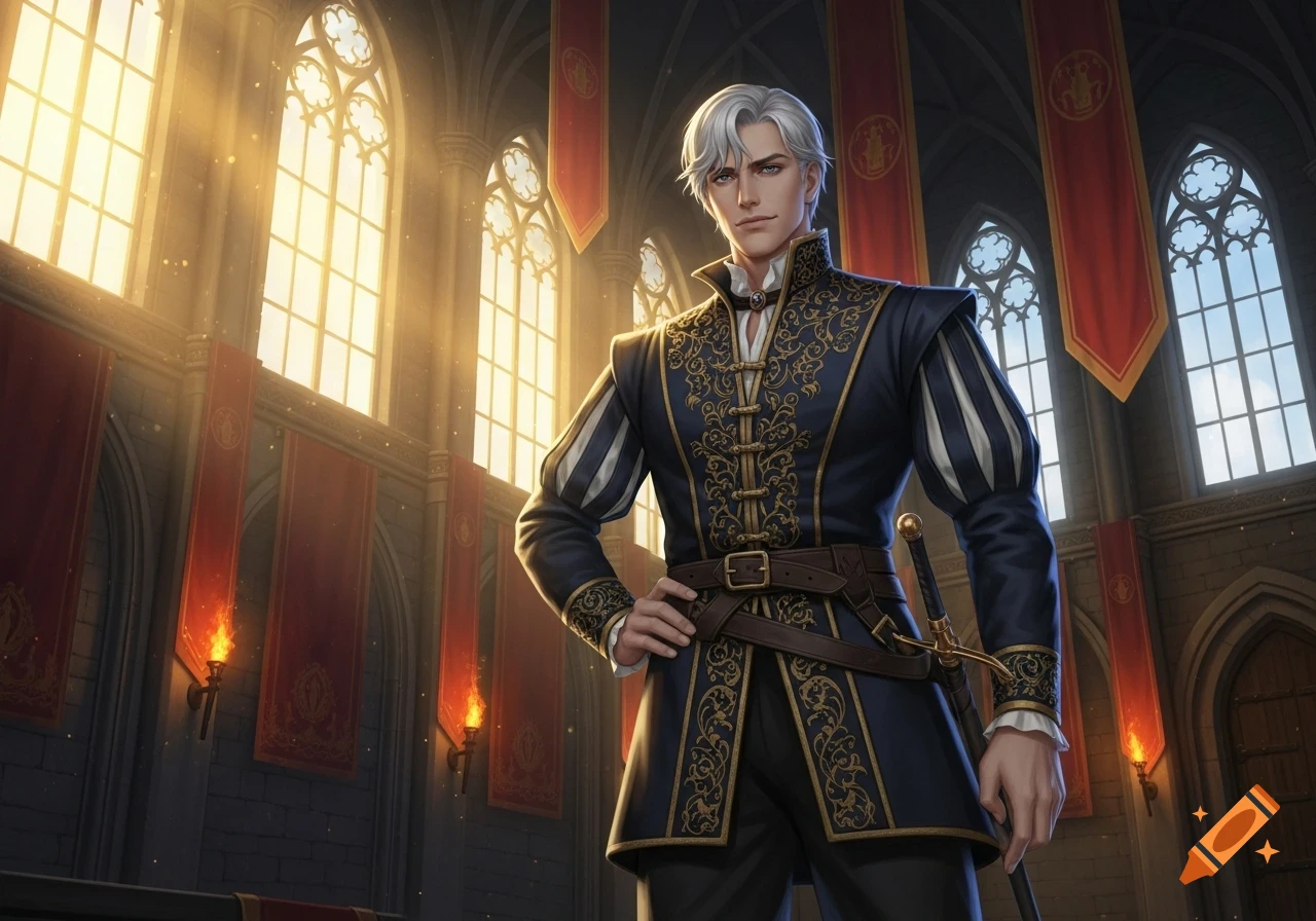 A white-haired duke in an ornate blue and gold historical outfit, holding a sword in a sunlit grand hall. Detailed illustration.