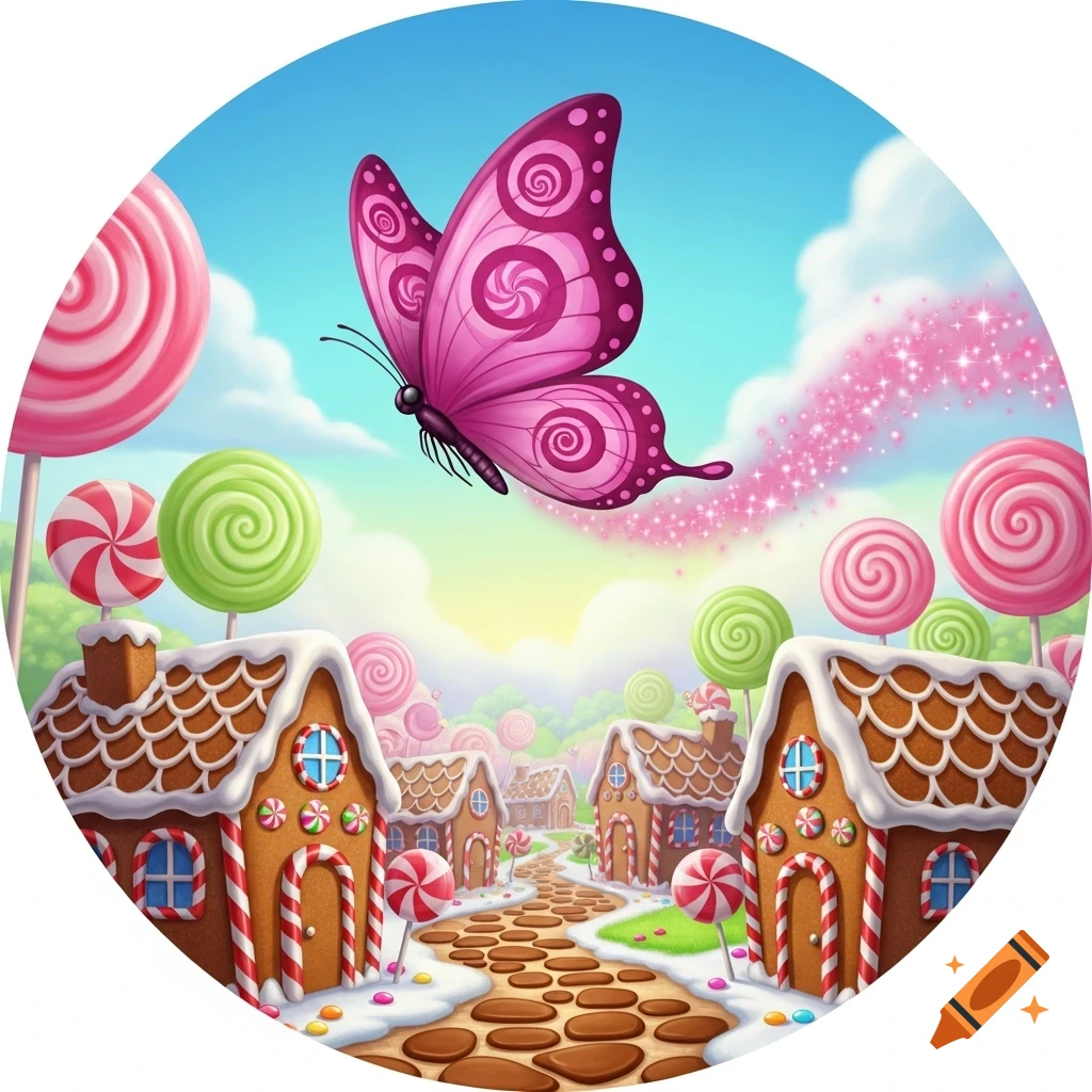 Whimsical illustration of a magenta butterfly with swirl wings flying over a candyland village of gingerbread houses and lollipop trees.