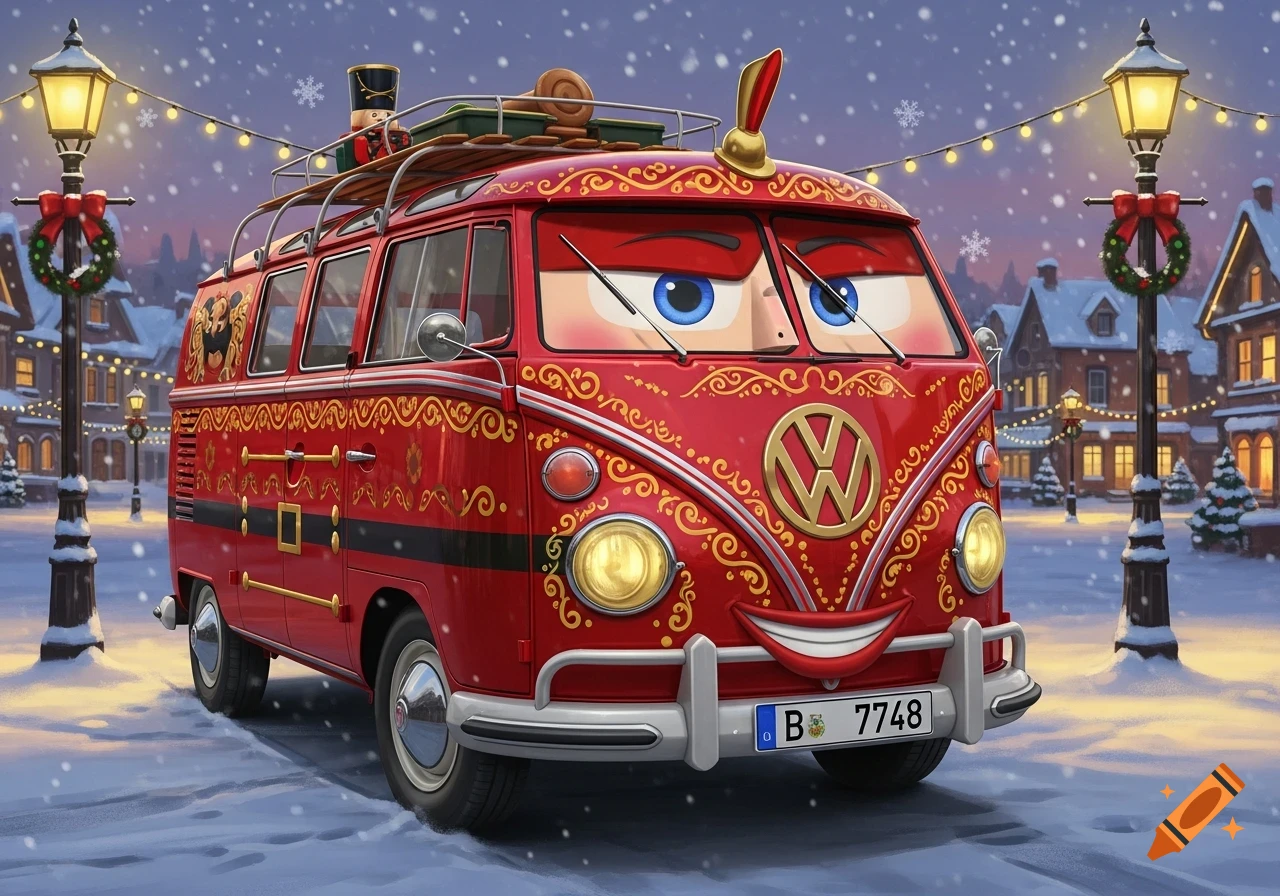 A red cartoon VW T1 van decorated like Santa, with a nutcracker on the roof, drives through a snowy, festive village.