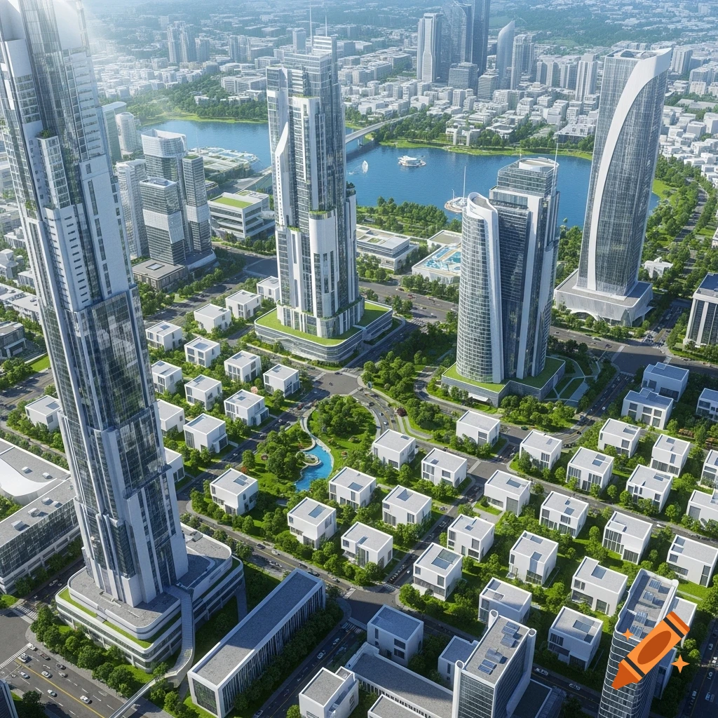 Aerial view of a vibrant, futuristic city with sleek skyscrapers ...