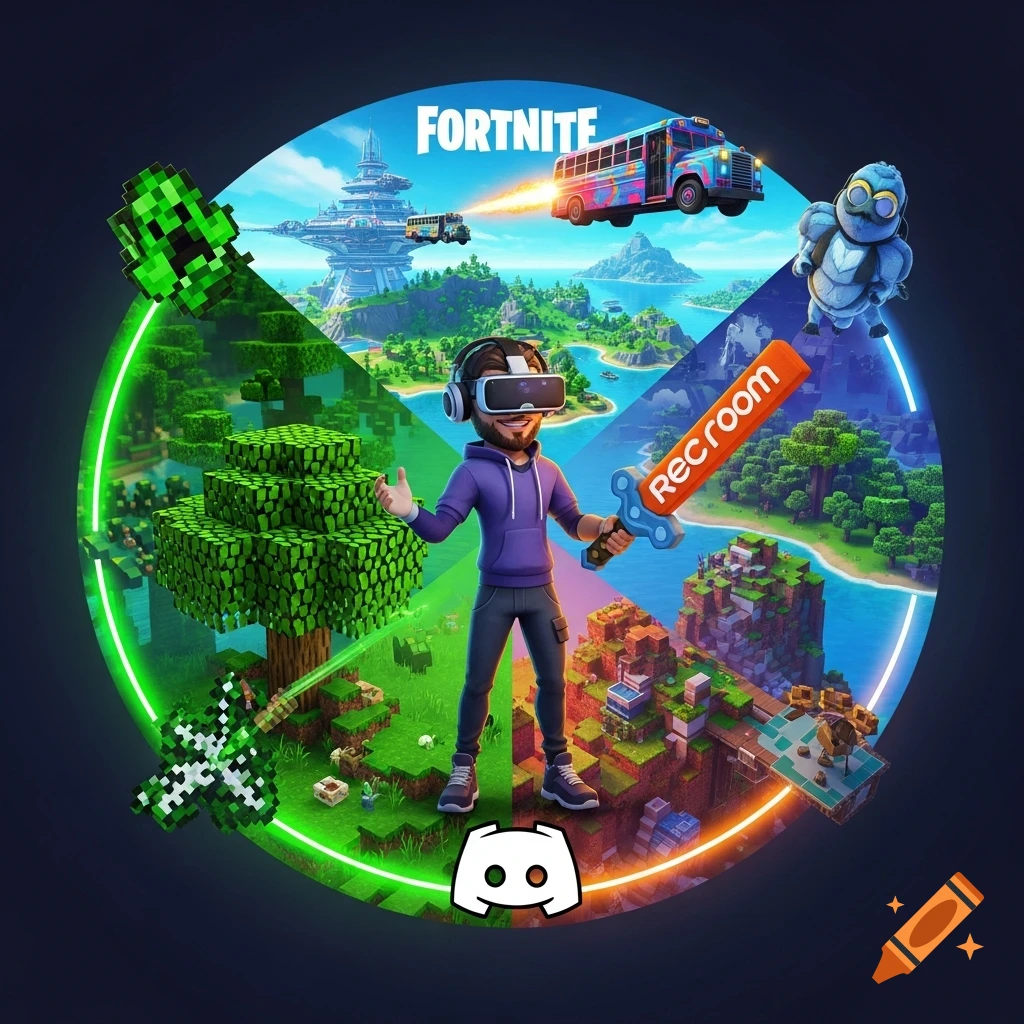A VR user surrounded by elements of Fortnite, Minecraft, and Rec Room, with a Discord logo, in a stylized gaming collage.