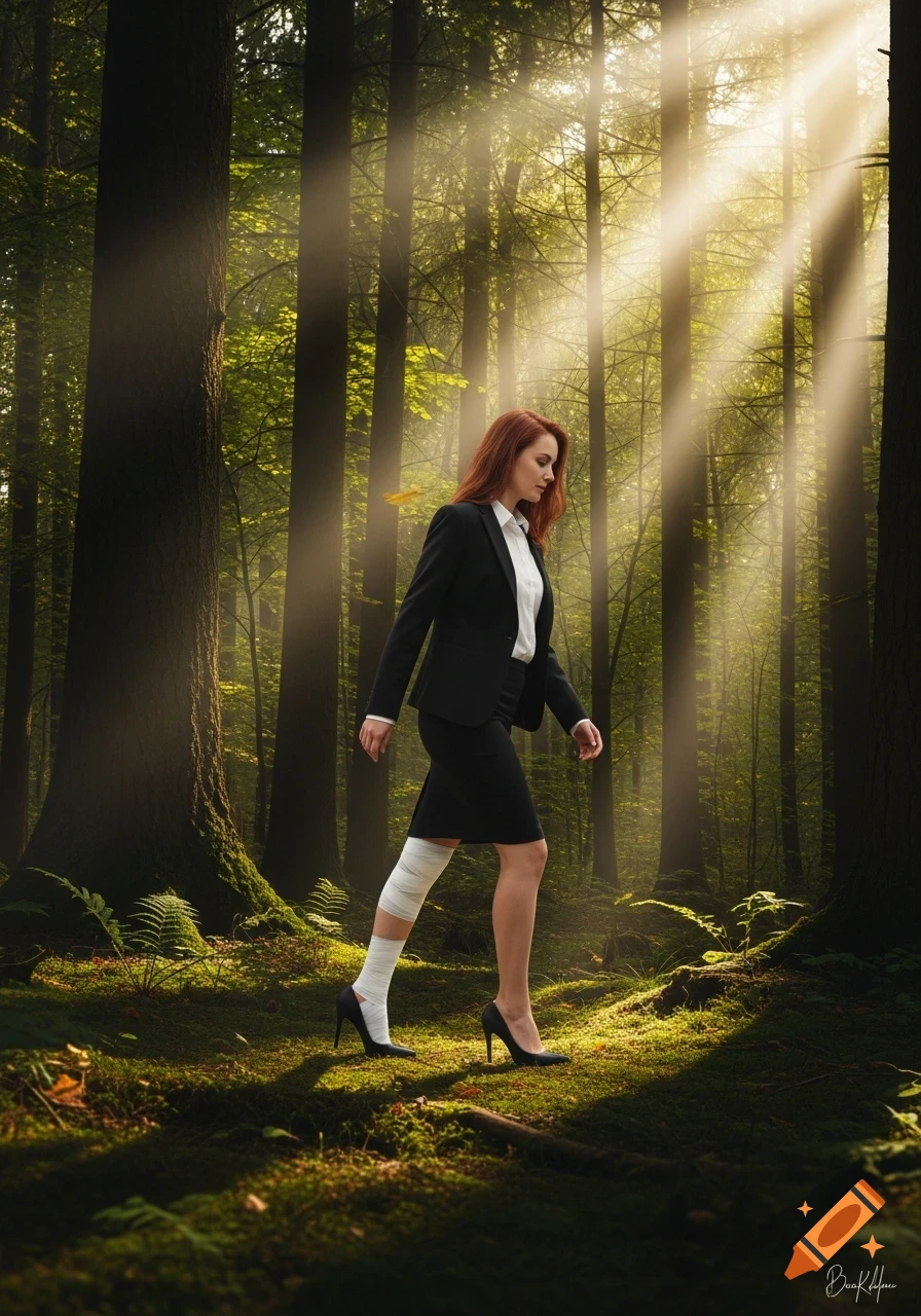 A woman in a business suit with a bandaged leg and high heels walks through a sunlit forest.