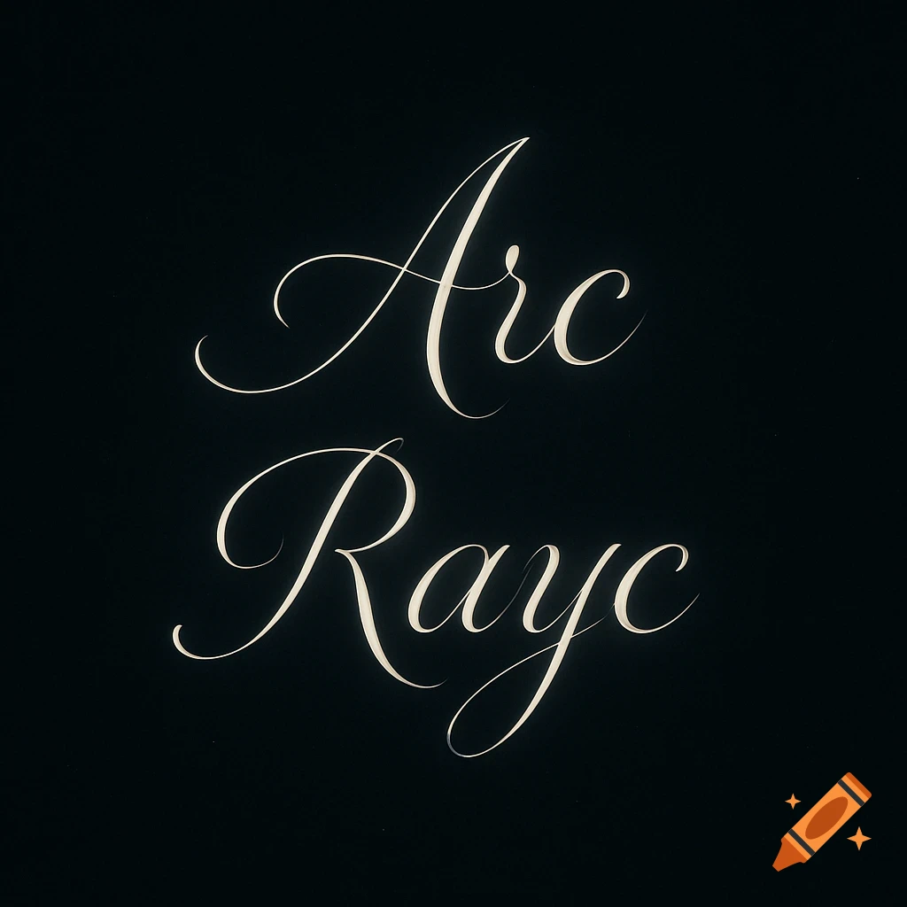 Elegant light calligraphy of the words 'Arc' and 'Rayc' on a black background.