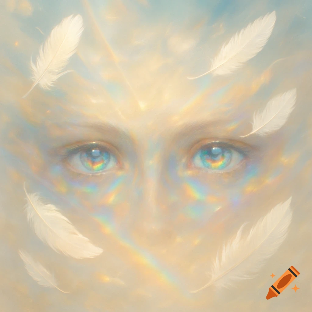 Ethereal close-up of human eyes with rainbow reflections, surrounded by soft white feathers and glowing light.