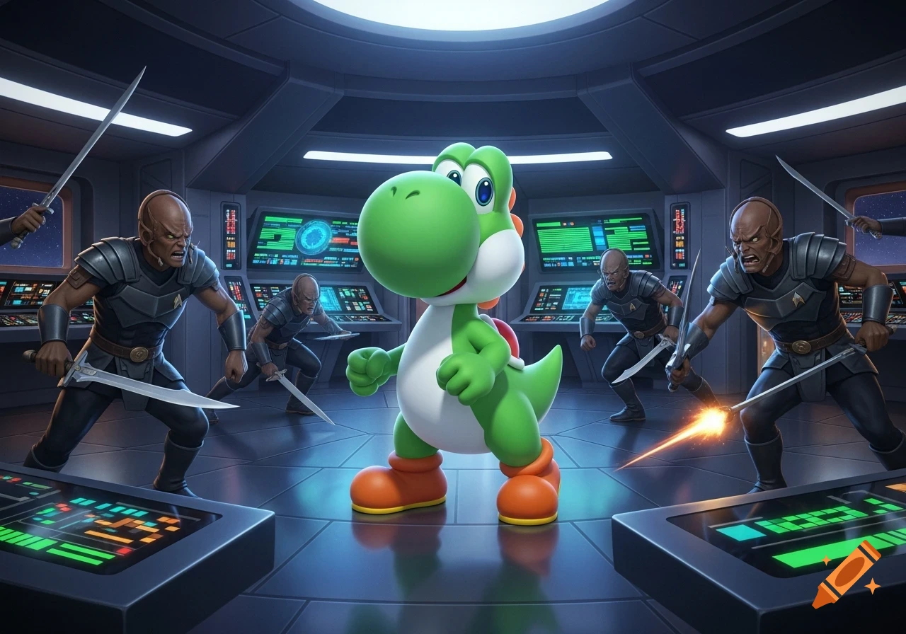 Yoshi, a green dinosaur-like character, stands on a futuristic spaceship bridge surrounded by four sword-wielding Klingon warriors.