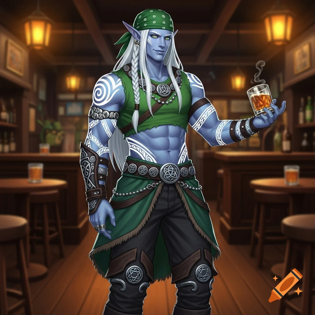 A blue-skinned elf with long white braids, green bandana, and tribal tattoos, wearing a crop top, holding a drink in a pub. Fantasy art.