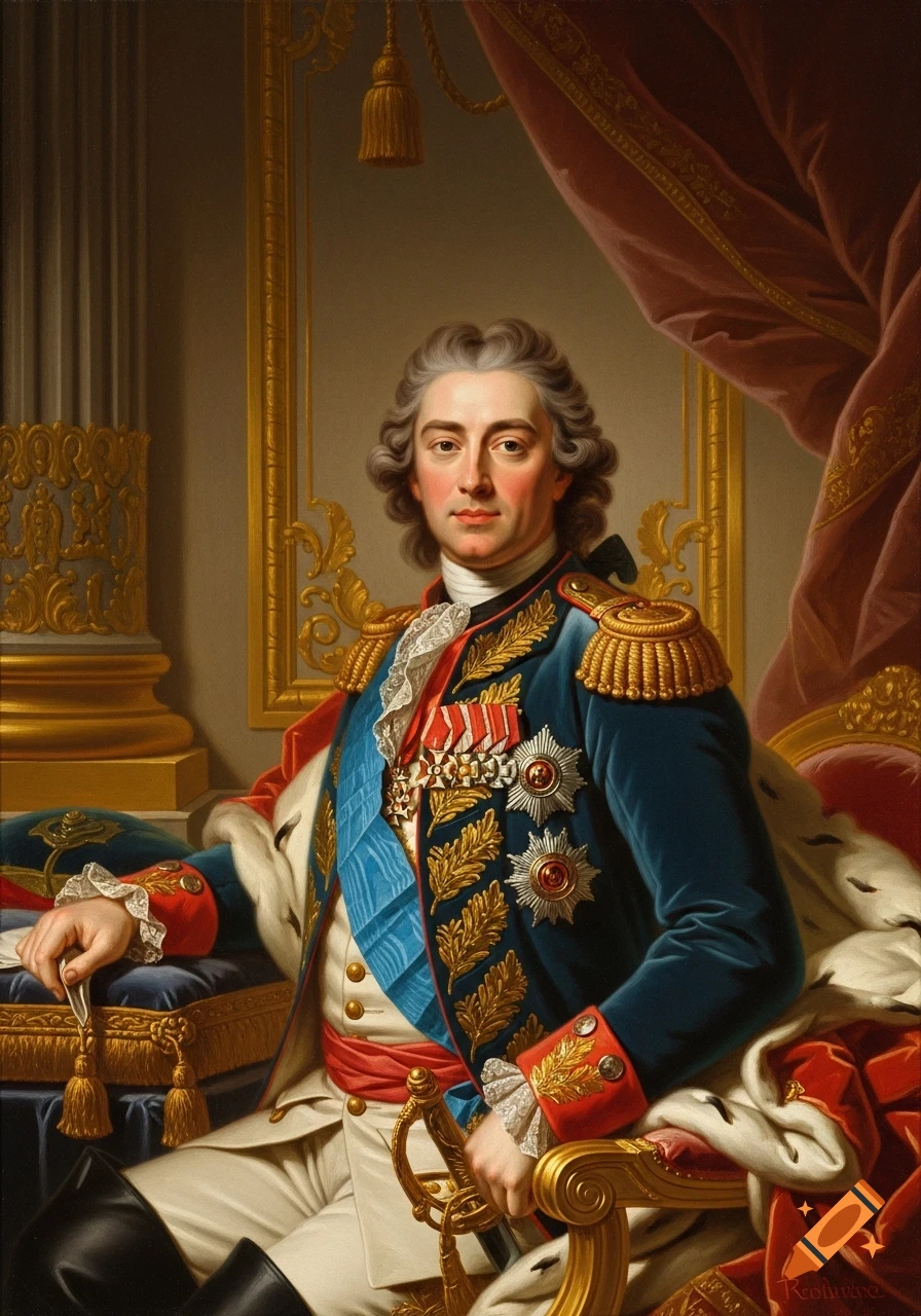 An oil painting of a man in a blue velvet military uniform with medals and a white wig, holding a sword in a royal setting.