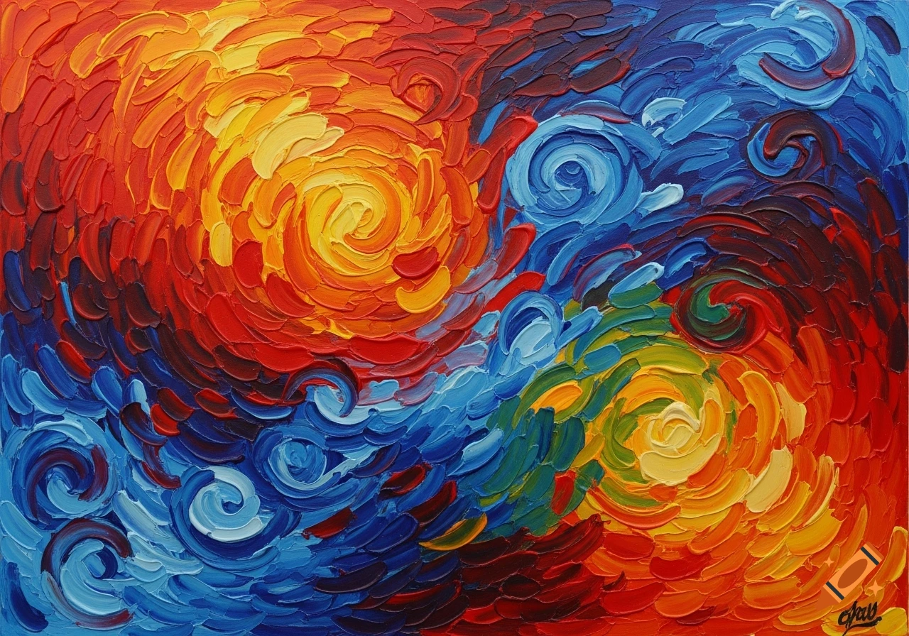 An abstract painting featuring swirling impasto brushstrokes in vibrant red, orange, yellow, and blue colors.