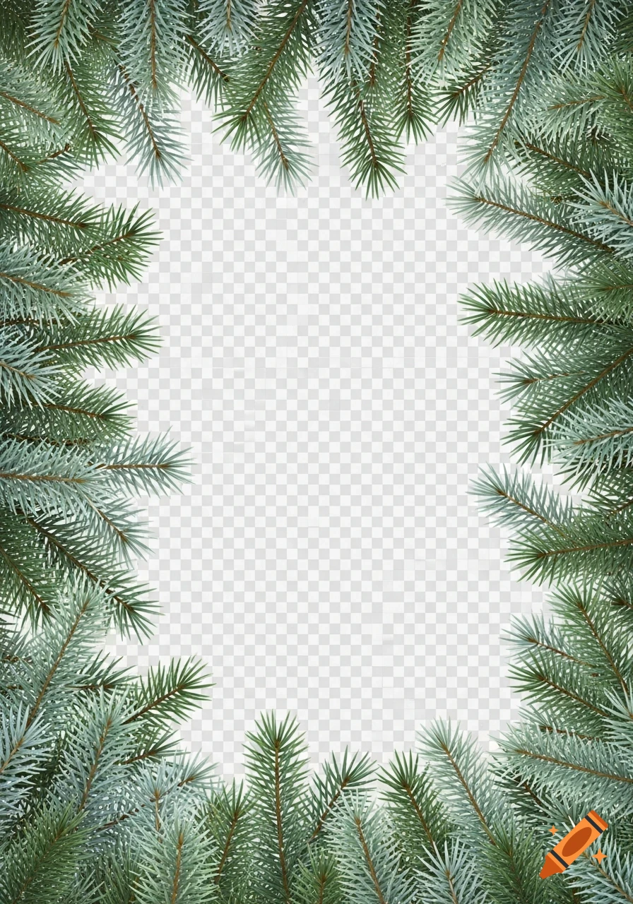 A frame of realistic green fir branches with a transparent checkered background in the center.