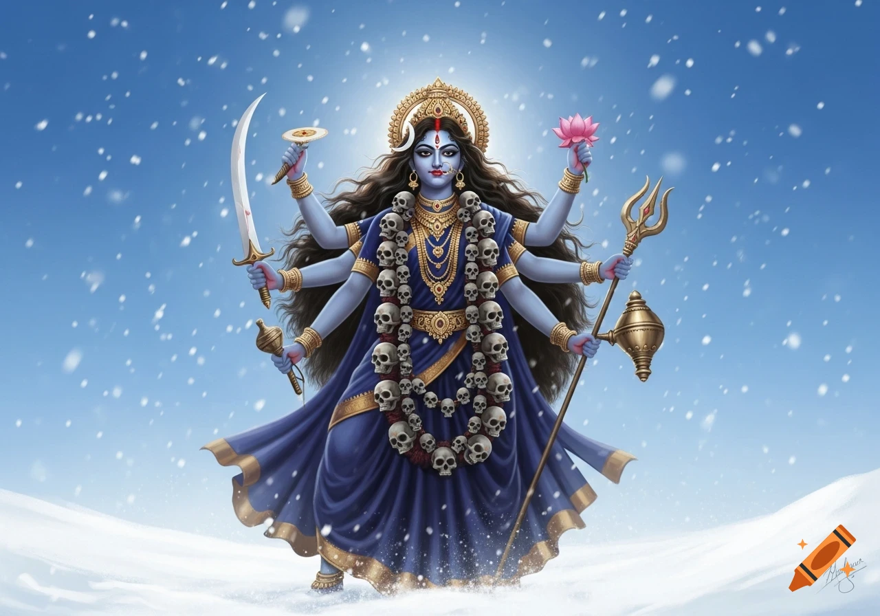 Blue-skinned Hindu goddess Kali, with multiple arms and skull necklace, stands in a snowy landscape.