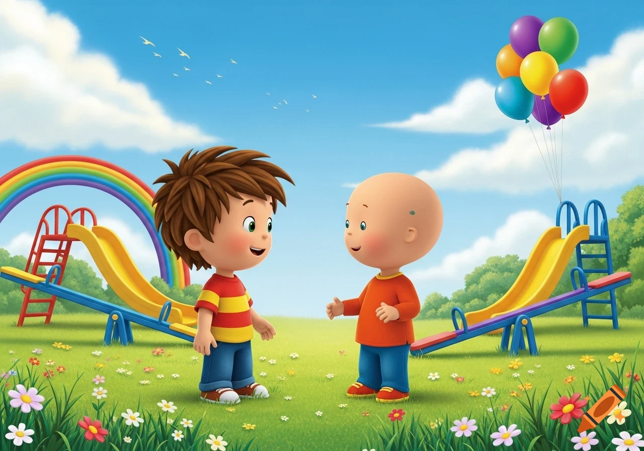 Two cartoon boys, one with brown spiky hair and one bald, talk in a colorful playground with slides, a seesaw, a rainbow, and balloons.