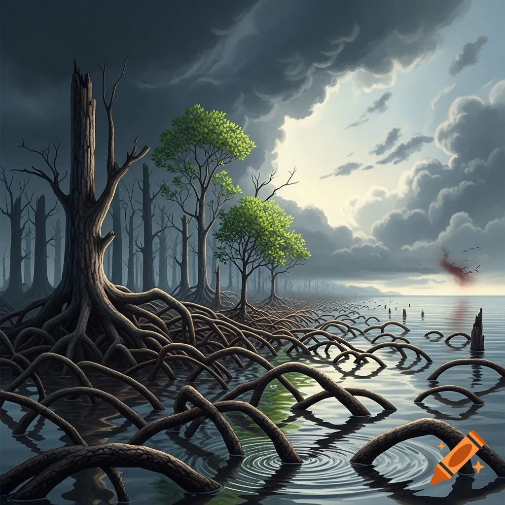 Stylized image of mangrove trees with exposed roots in water under a dramatic sky, depicting environmental change.