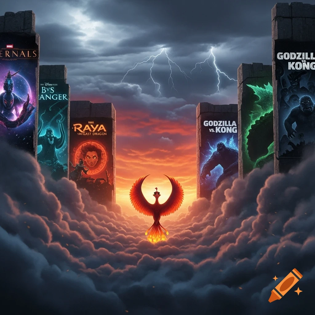 Five stone pillars with movie posters (Eternals, Raya, Godzilla vs. Kong) rise through clouds under a stormy sky with lightning and a sunset. A fiery phoenix flies in the center.