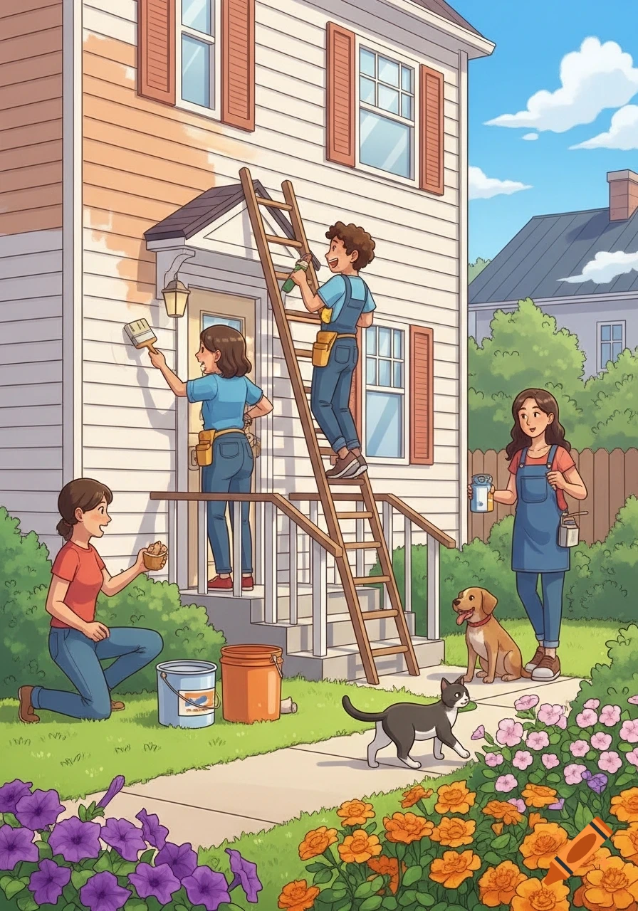 An illustration of a family painting their house. A woman paints the wall from the porch, a man paints from a ladder. Another woman holds a cup, and a dog and cat are in the foreground with flowers.