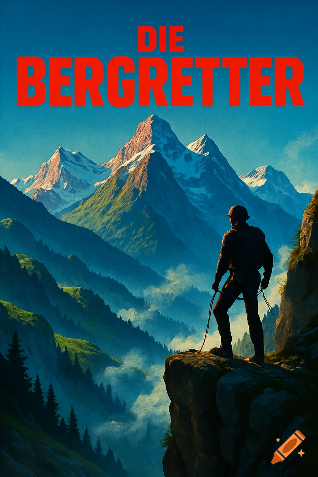 A lone climber stands on a cliff overlooking a vast mountain range under a blue sky, with the title 'DIE BERGRETTER' above.