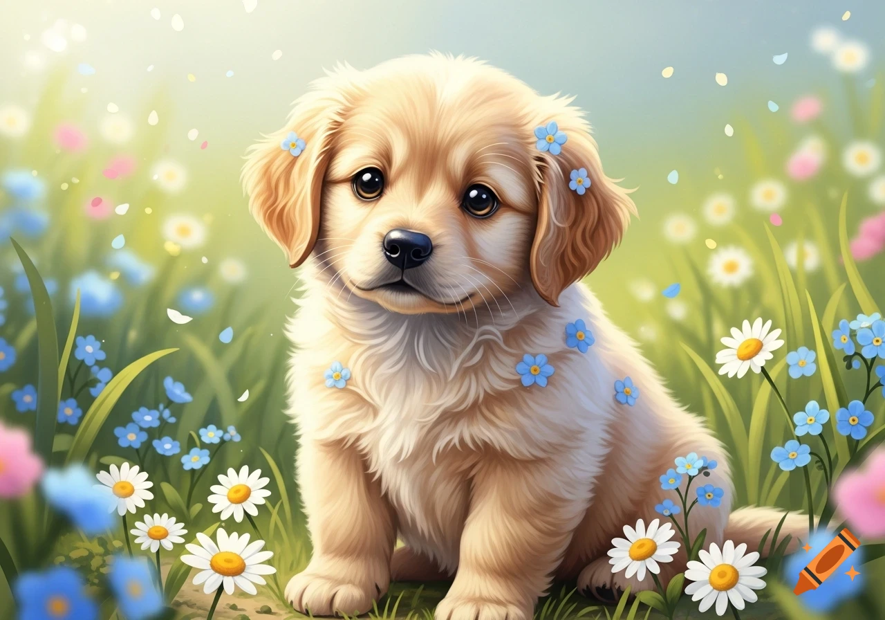 A fluffy golden puppy with big eyes sits in a field of green grass and colorful daisies, with small blue flowers on its fur. Stylized.