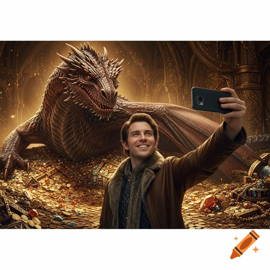 A smiling man in a fur-lined coat takes a selfie with a huge dragon on a pile of gold in a cavern. Photorealistic.