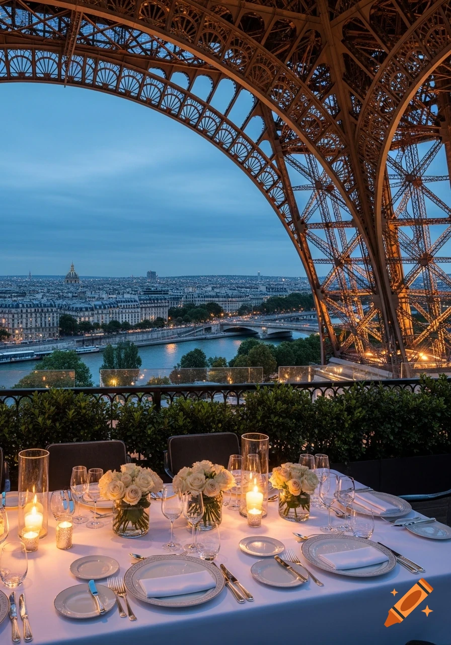 A romantic dining table with candles and roses overlooks the illuminated Eiffel Tower and Paris cityscape at dusk.