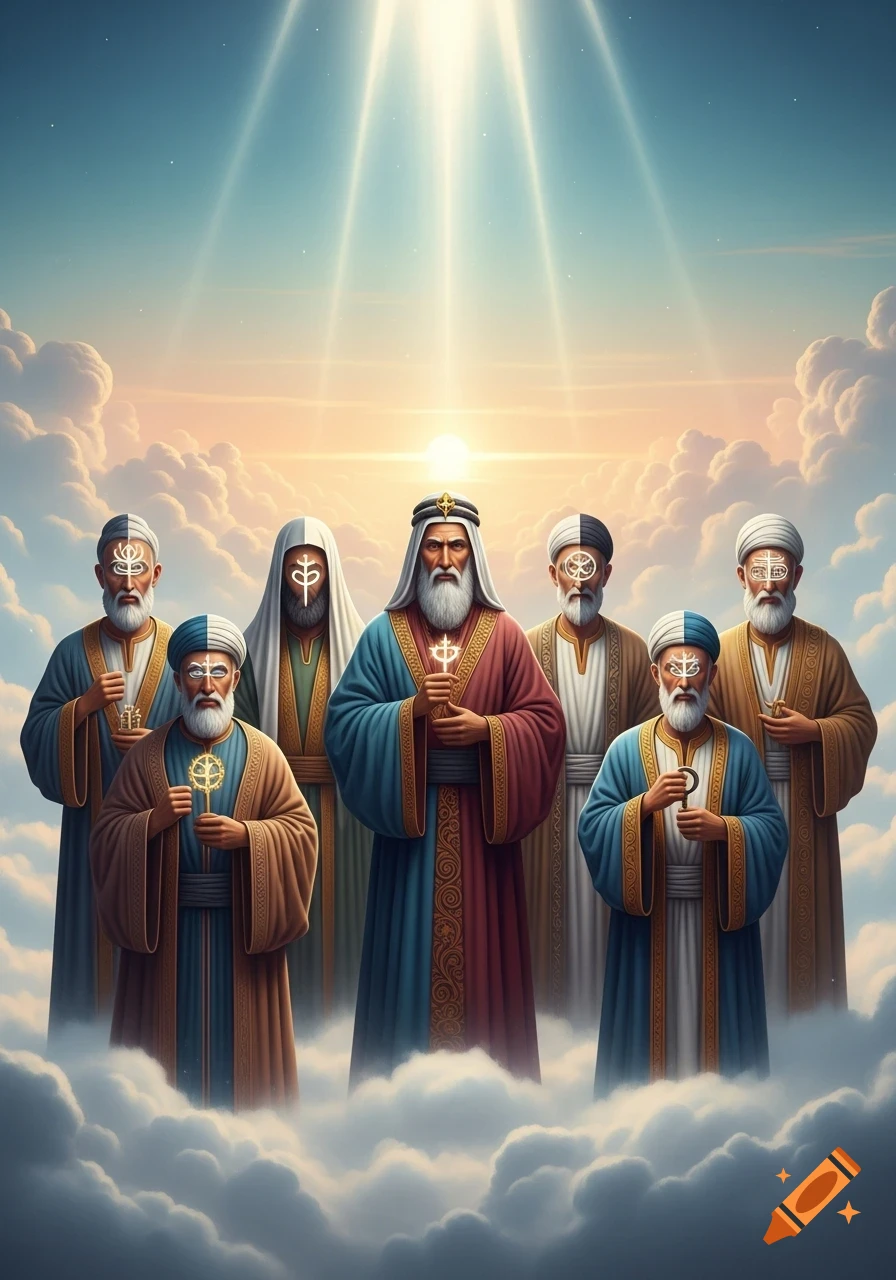 Seven bearded men in ornate robes with symbols on their foreheads stand on clouds, holding symbolic staffs, under divine light from a bright sky.