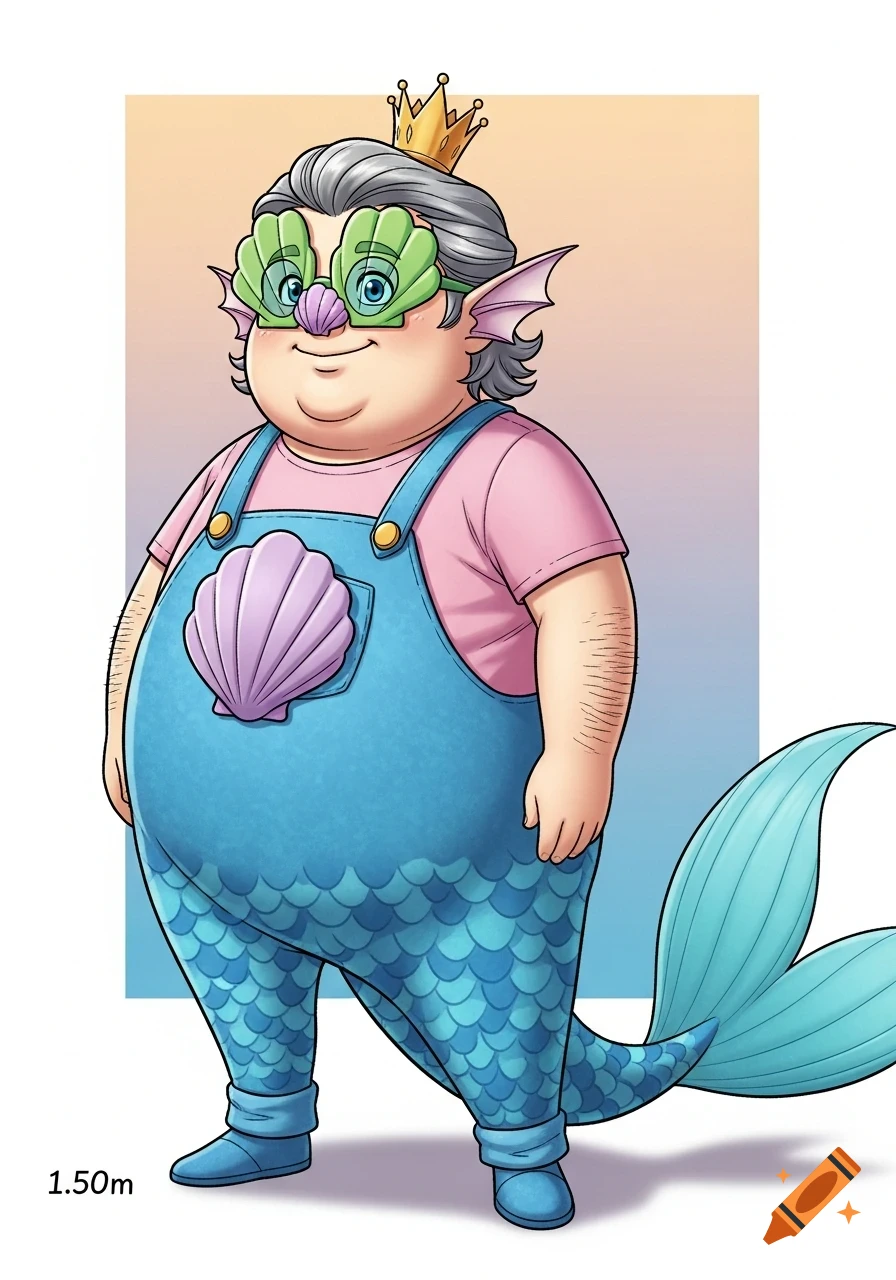 Comic drawing of an overweight, short man dressed as a mermaid. He wears blue overalls with a pink shell, a pink shirt, green shell glasses, and a golden crown. He has gray hair, a broad nose with a purple shell, and a blue mermaid tail.