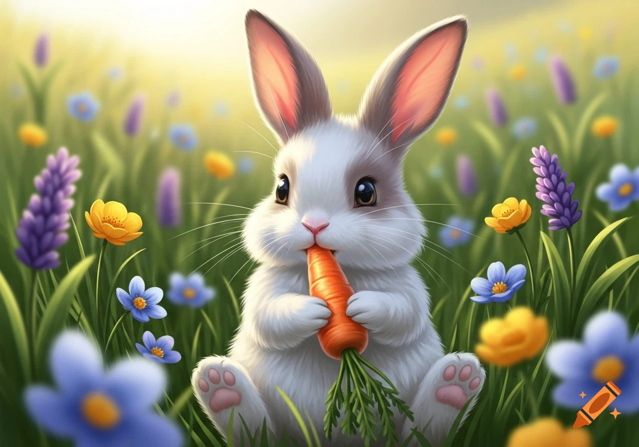 A cute, fluffy white bunny with brown markings eats a carrot in a vibrant field of purple, yellow, and blue flowers.