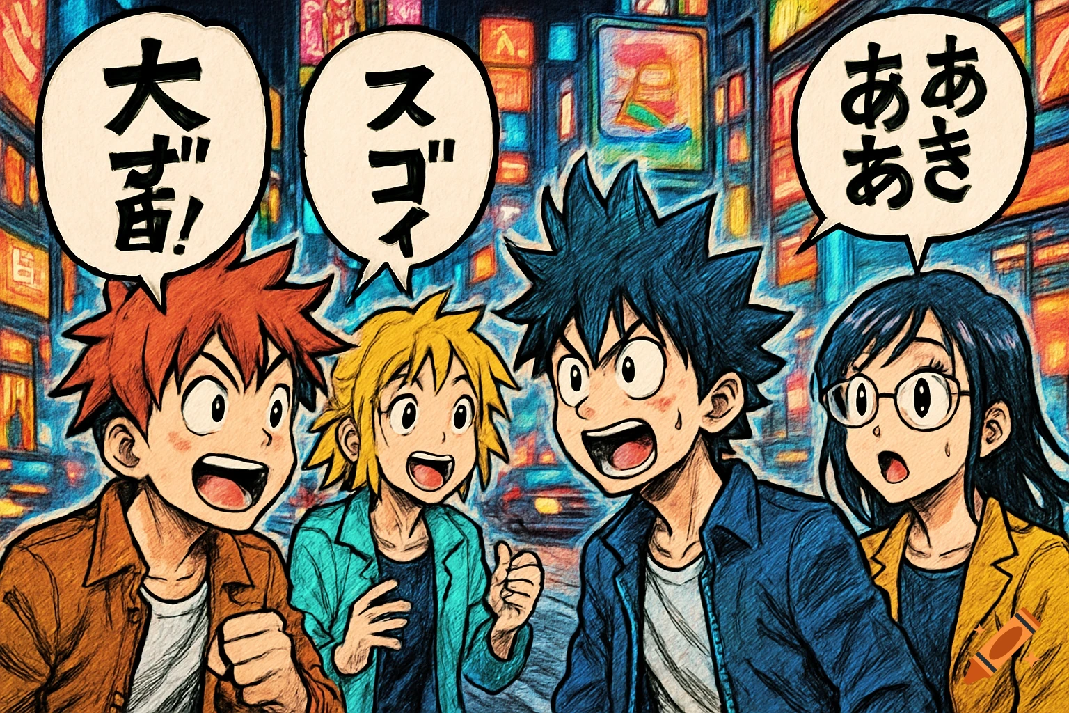 Four excited young anime-style characters, three boys and one girl with glasses, in a vibrant, neon-lit urban street at night, with speech bubbles in Japanese.