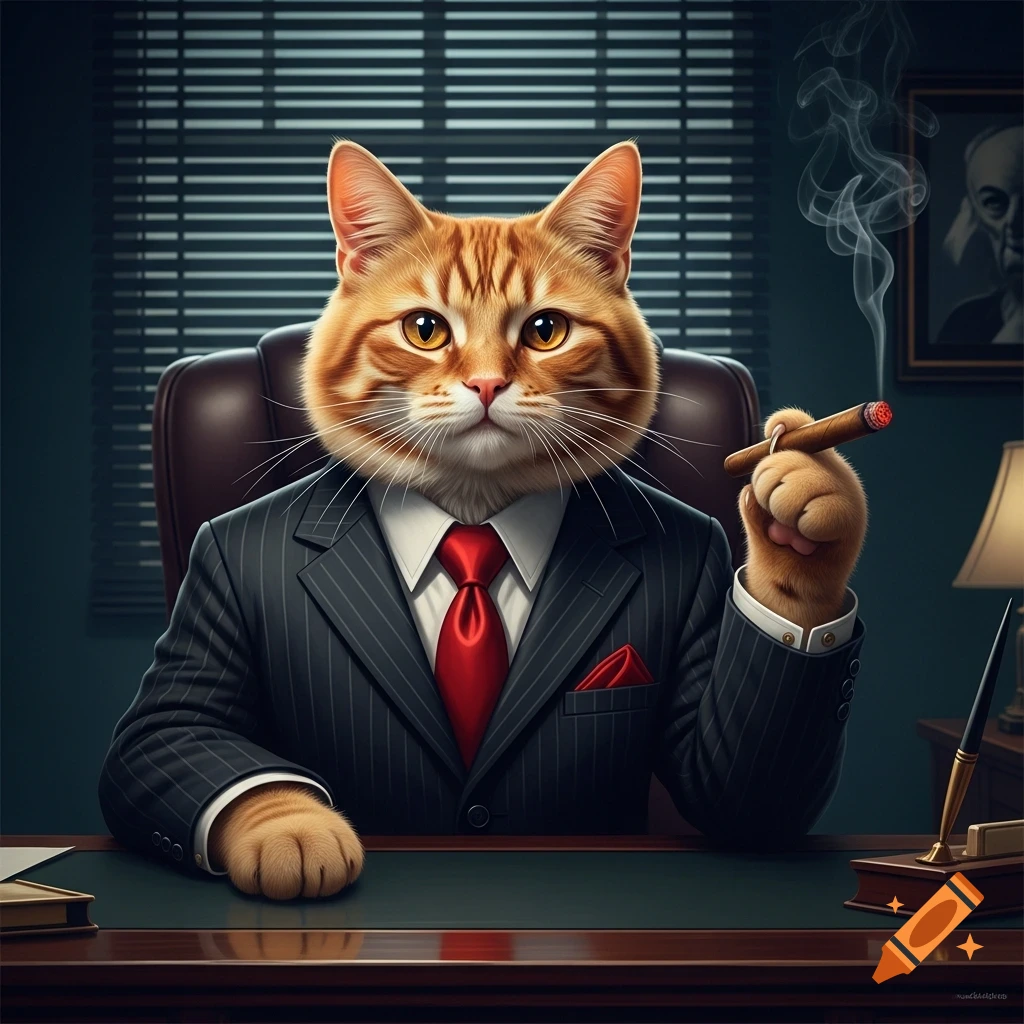 An orange tabby cat in a pinstripe suit and red tie sits at a dark desk, holding a smoking cigar in a cinematic noir illustration.