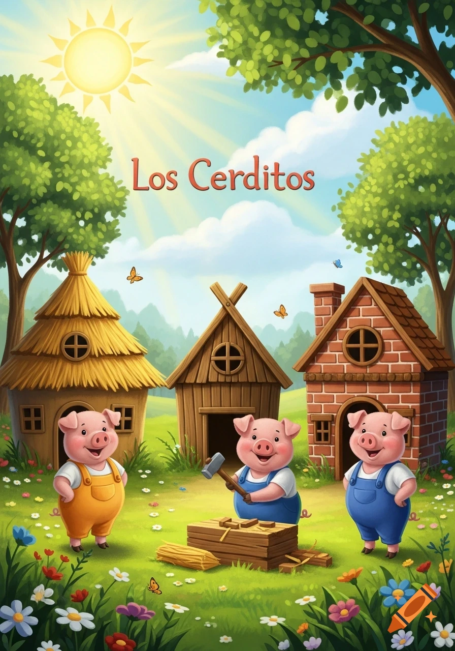 Three happy cartoon pigs in a sunny meadow with their straw, wood, and brick houses, with the title "Los Cerditos" above.