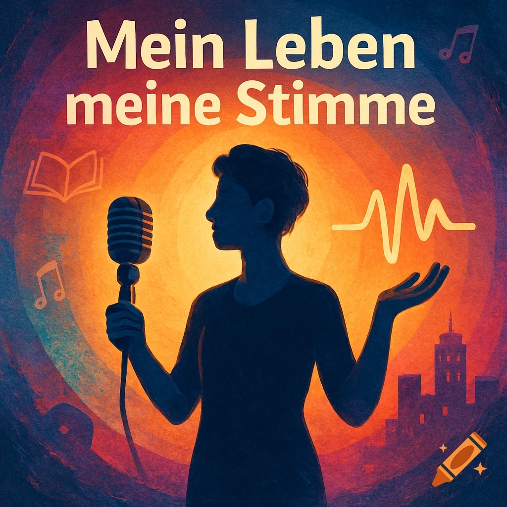 A stylized silhouette of a person holding a microphone against a warm, textured background with musical notes and a city skyline. Text: 'Mein Leben meine Stimme'.