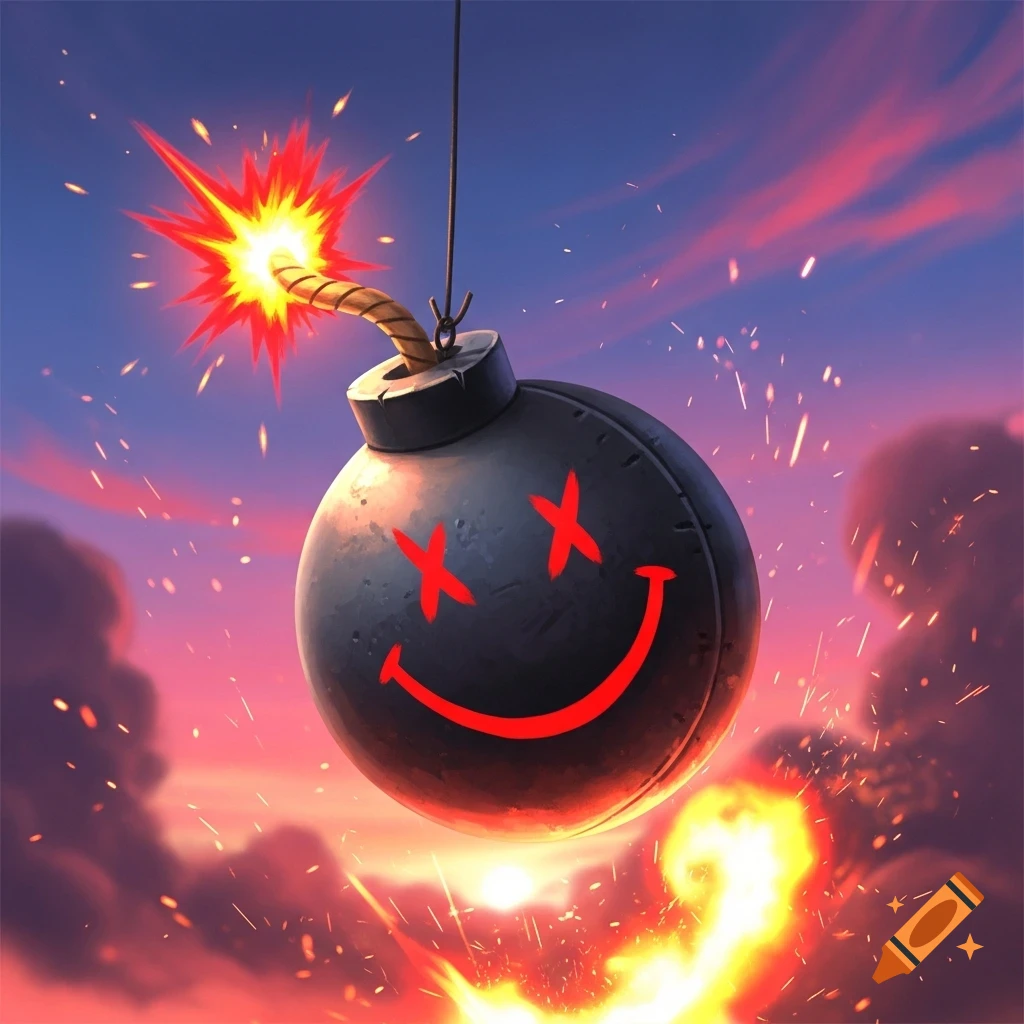 A cartoon bomb with a lit fuse and a red smiley face, exploding with sparks against a dramatic red and blue sky.