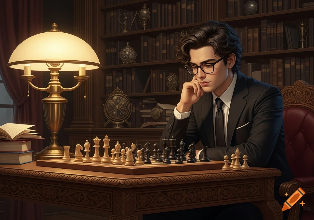A young man with glasses, wearing a suit, thoughtfully plays chess at a wooden table in a dimly lit library.