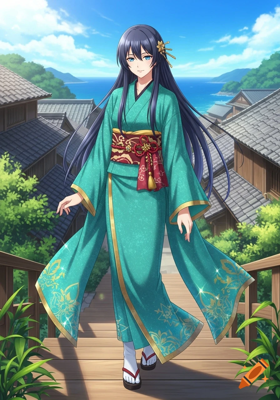 Anime woman in a teal kimono with gold trim and a red obi, standing on a wooden walkway in a Japanese village overlooking the ocean.