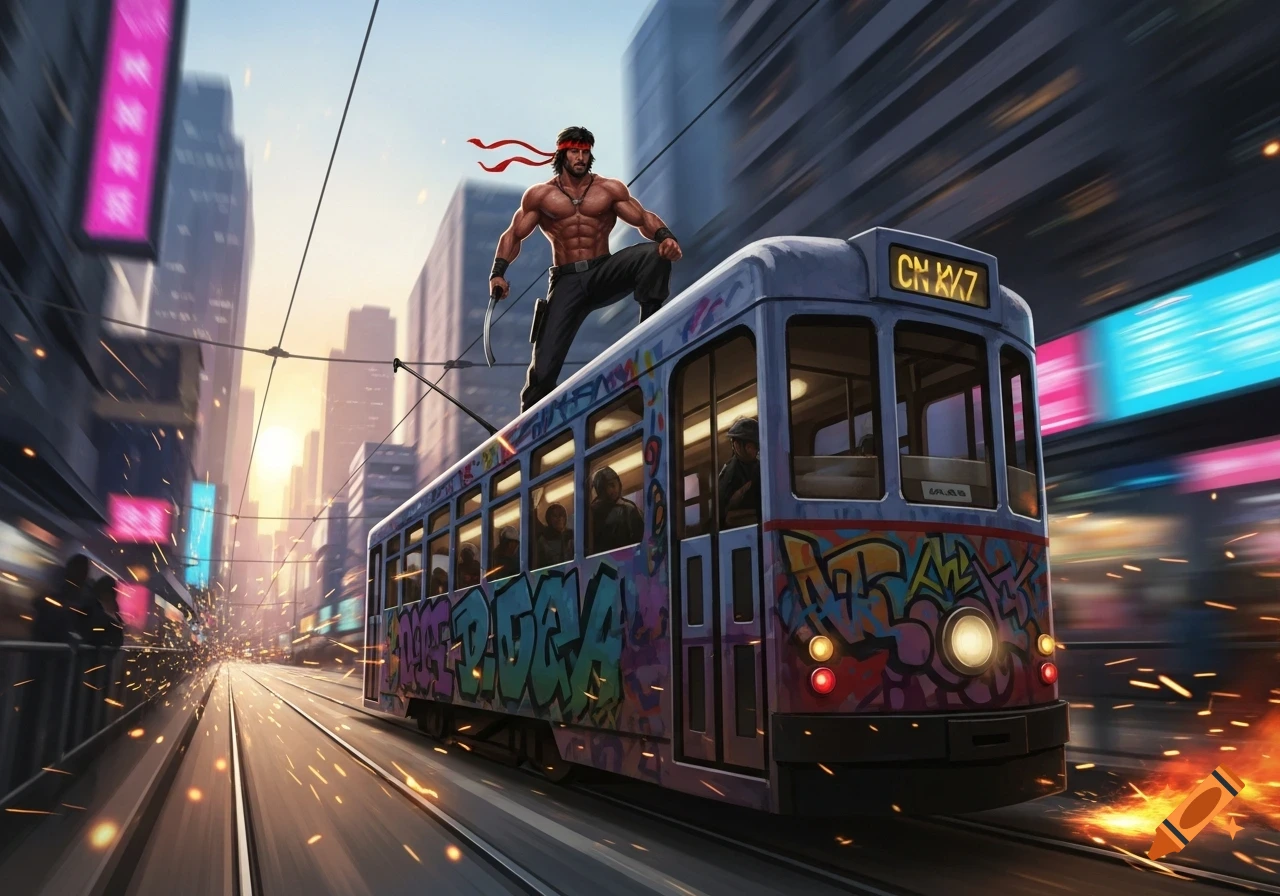 A muscular man resembling Rambo stands heroically on top of a speeding, graffiti-covered tram in a vibrant city with sparks flying from the tracks.