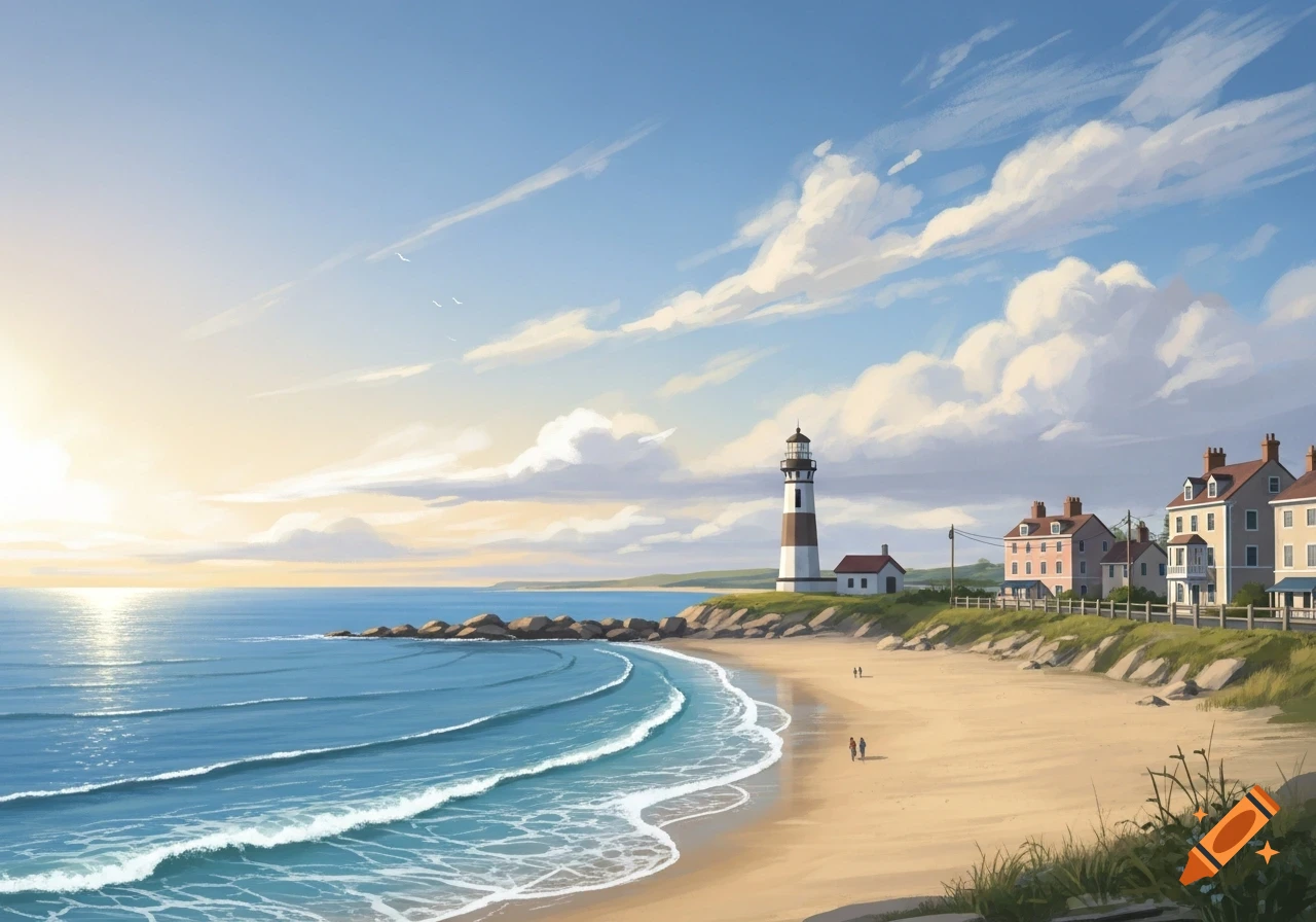 Illustrative painting of a sunny beach with gentle waves, a lighthouse on a cliff, and a coastal town with houses under a blue sky.