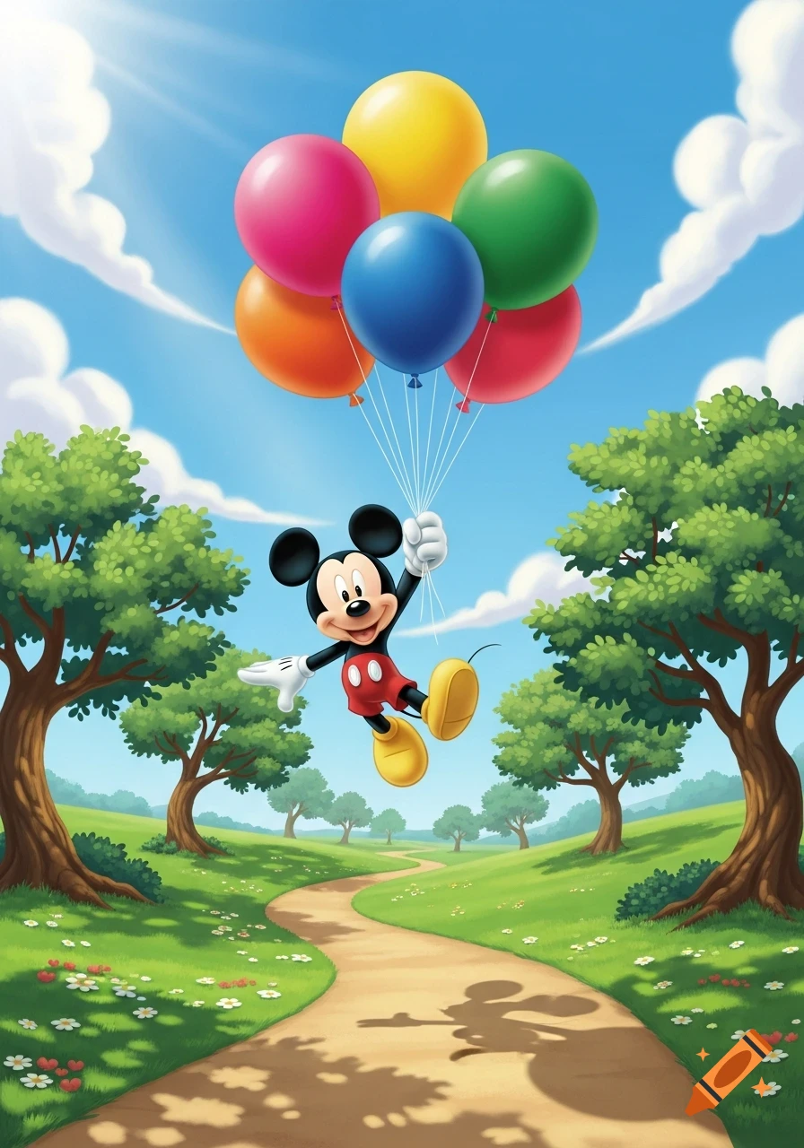 Mickey Mouse floats in a sunny sky, holding colorful balloons above a winding path through a green park.