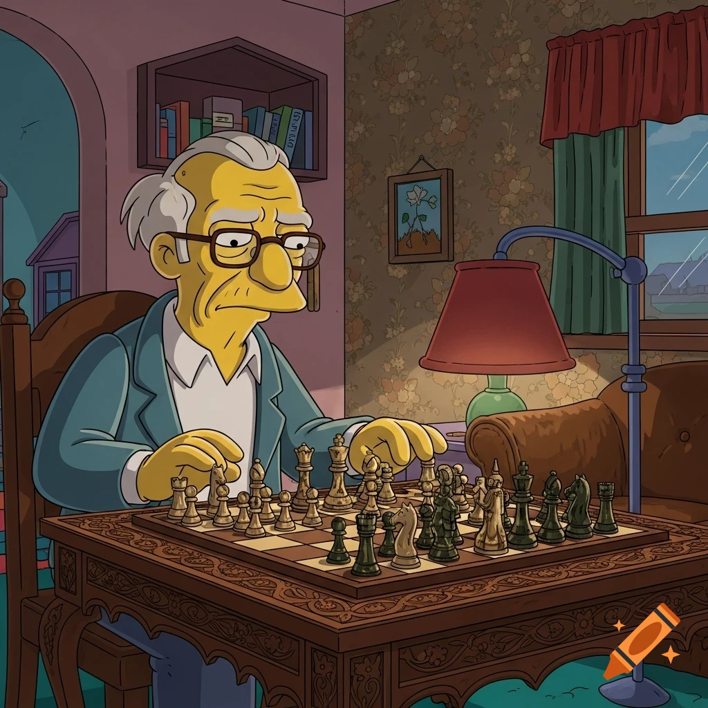 Abraham Simpson, a yellow-skinned cartoon character, sits at a wooden table, concentrating on a game of chess in a cozy room.