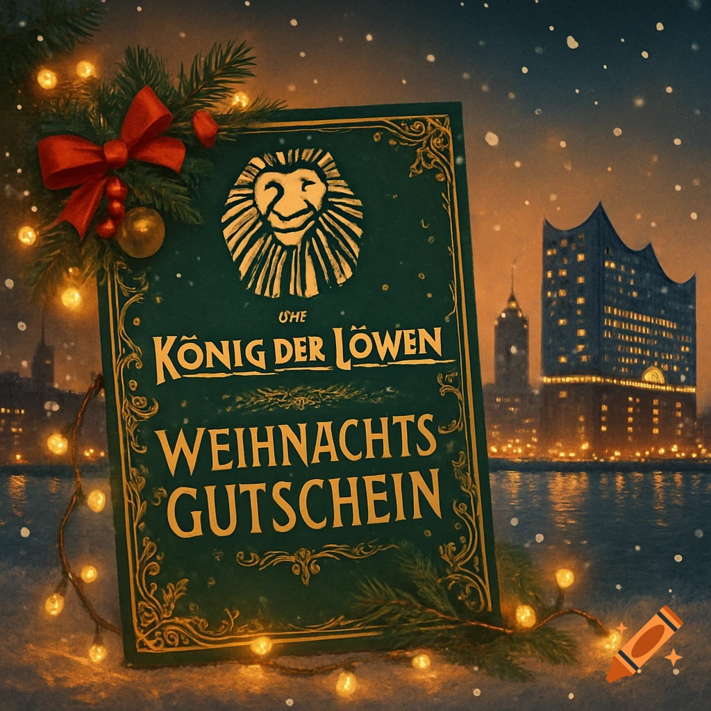 A dark green Christmas voucher for "König der Löwen" musical, decorated with a red bow, pine, and string lights, against a snowy Hamburg skyline with the Elbphilharmonie.
