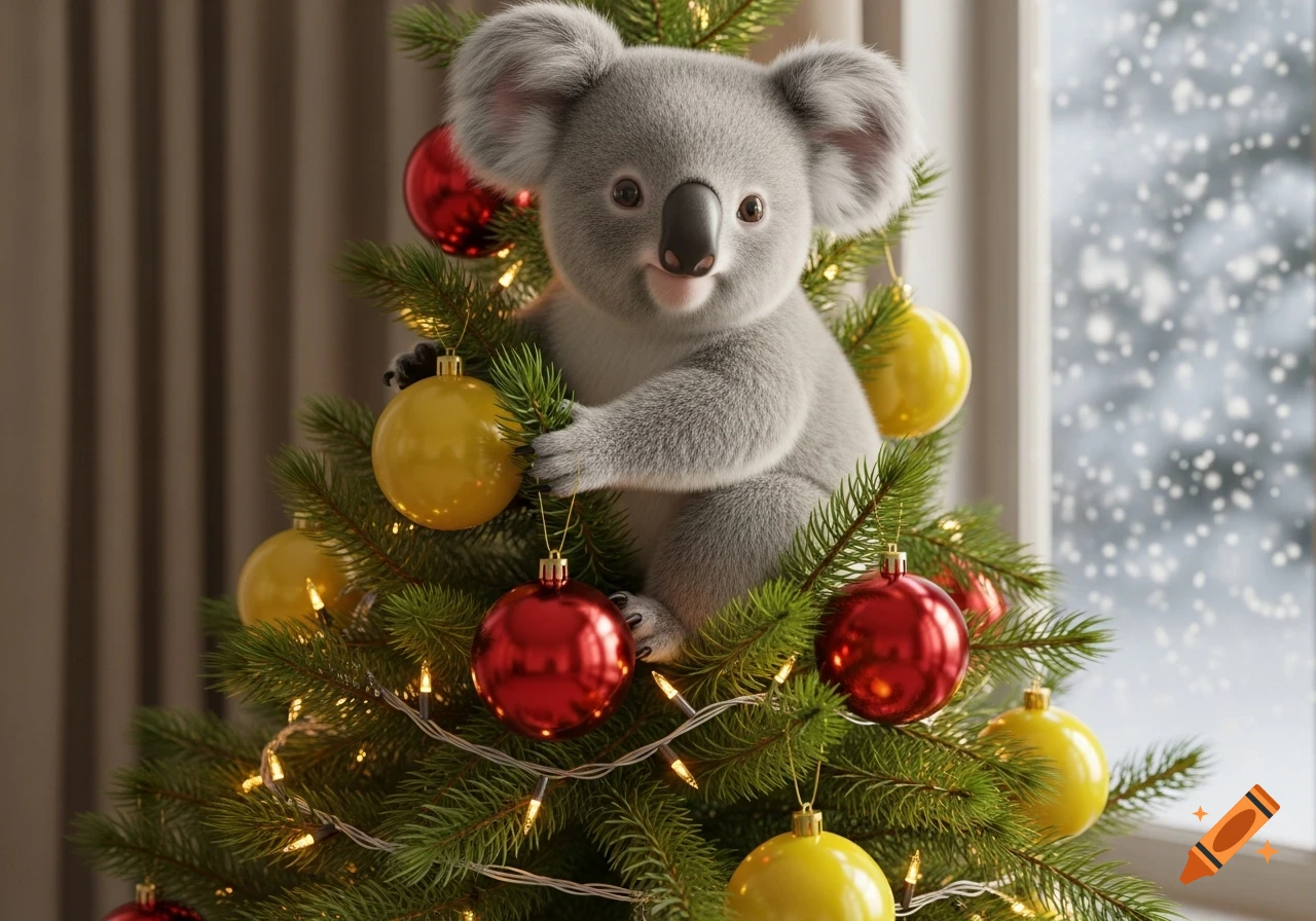 A cute, fluffy koala sits on a decorated Christmas tree with red and yellow ornaments, with snow falling outside a window.