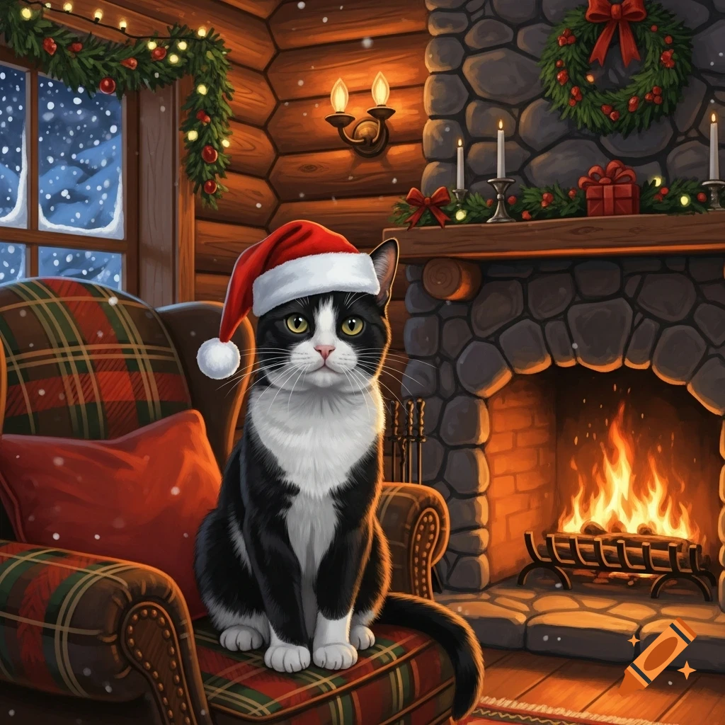 A black and white tuxedo cat wearing a Santa hat sits on a plaid armchair next to a warm fireplace in a cozy log cabin decorated for Christmas.