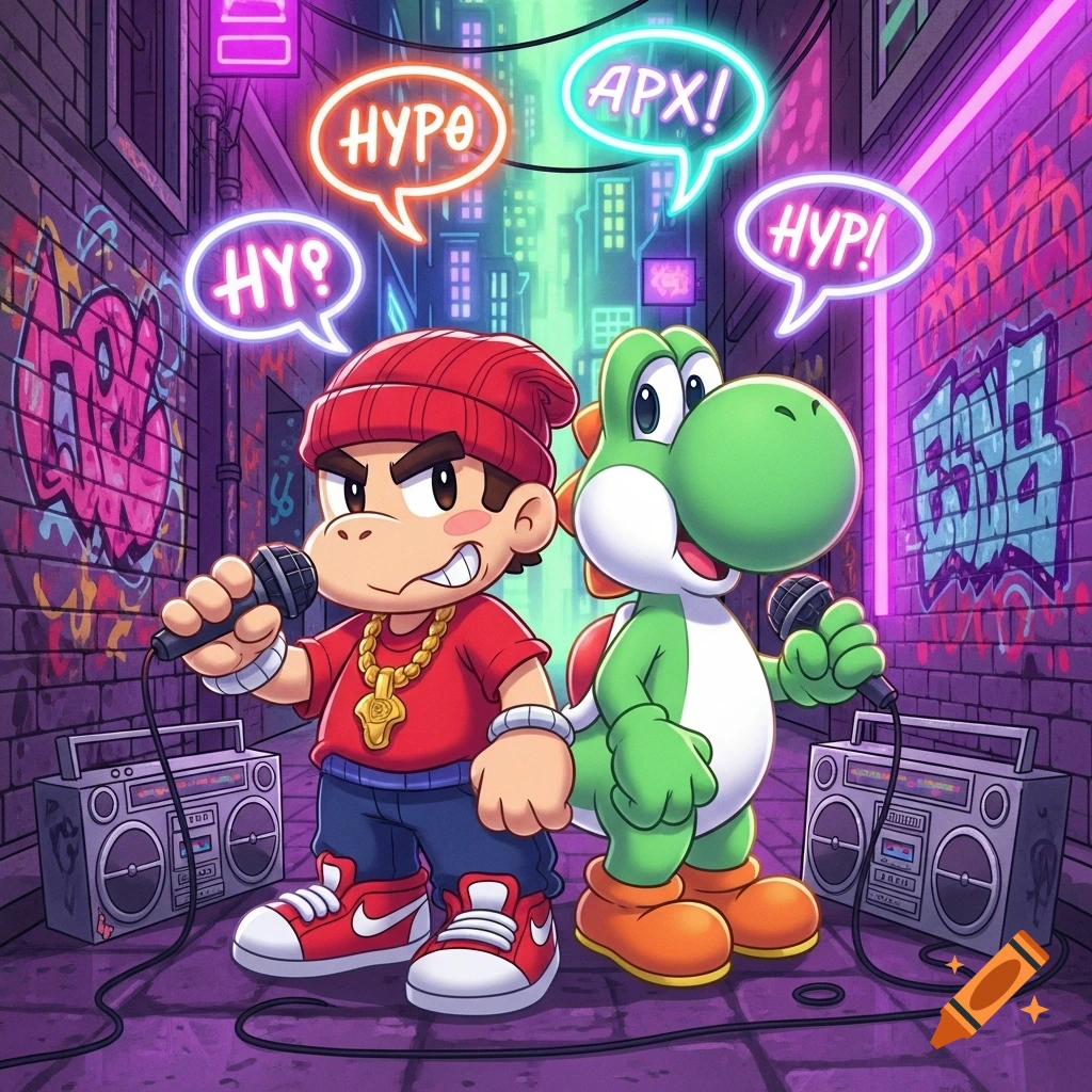 A cartoon Mario-like character and Yoshi hold microphones in a vibrant, neon-lit alley with graffiti, exuding hip-hop energy.