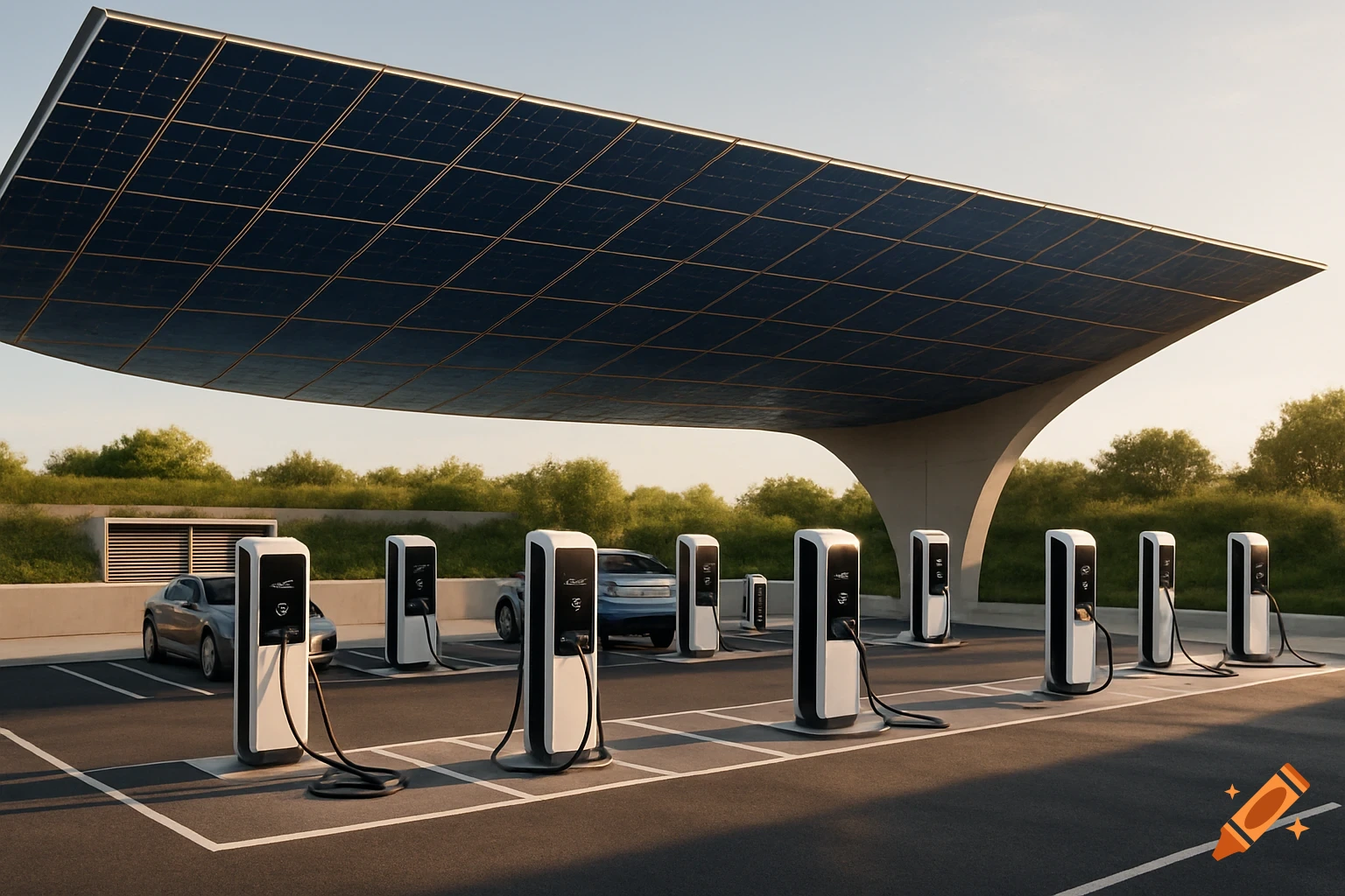 Photorealistic image of a modern outdoor electric vehicle charging station with a large solar panel canopy and several cars.