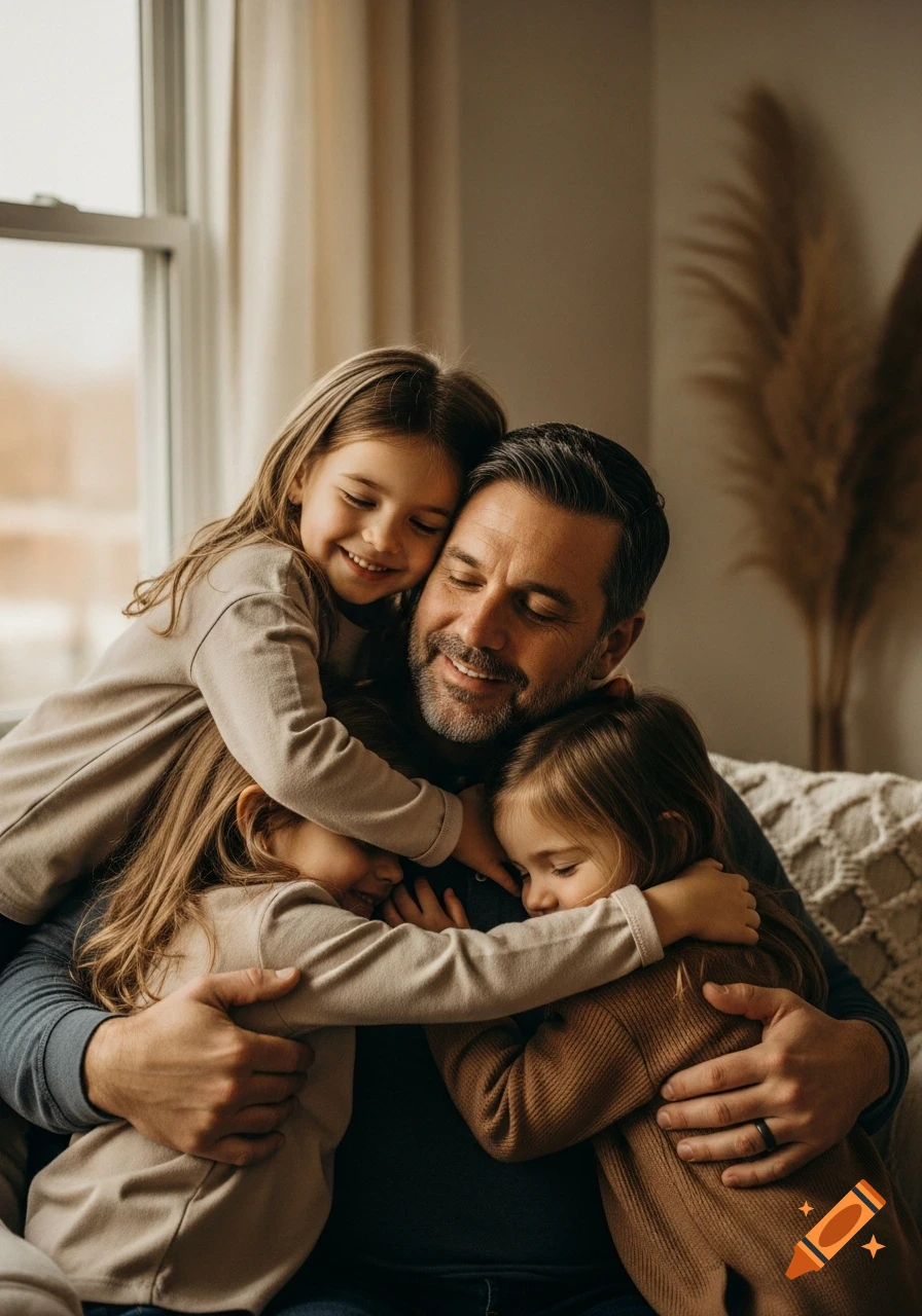 Photorealistic family portrait of a loving father embracing three daughters in a cozy home with soft light.